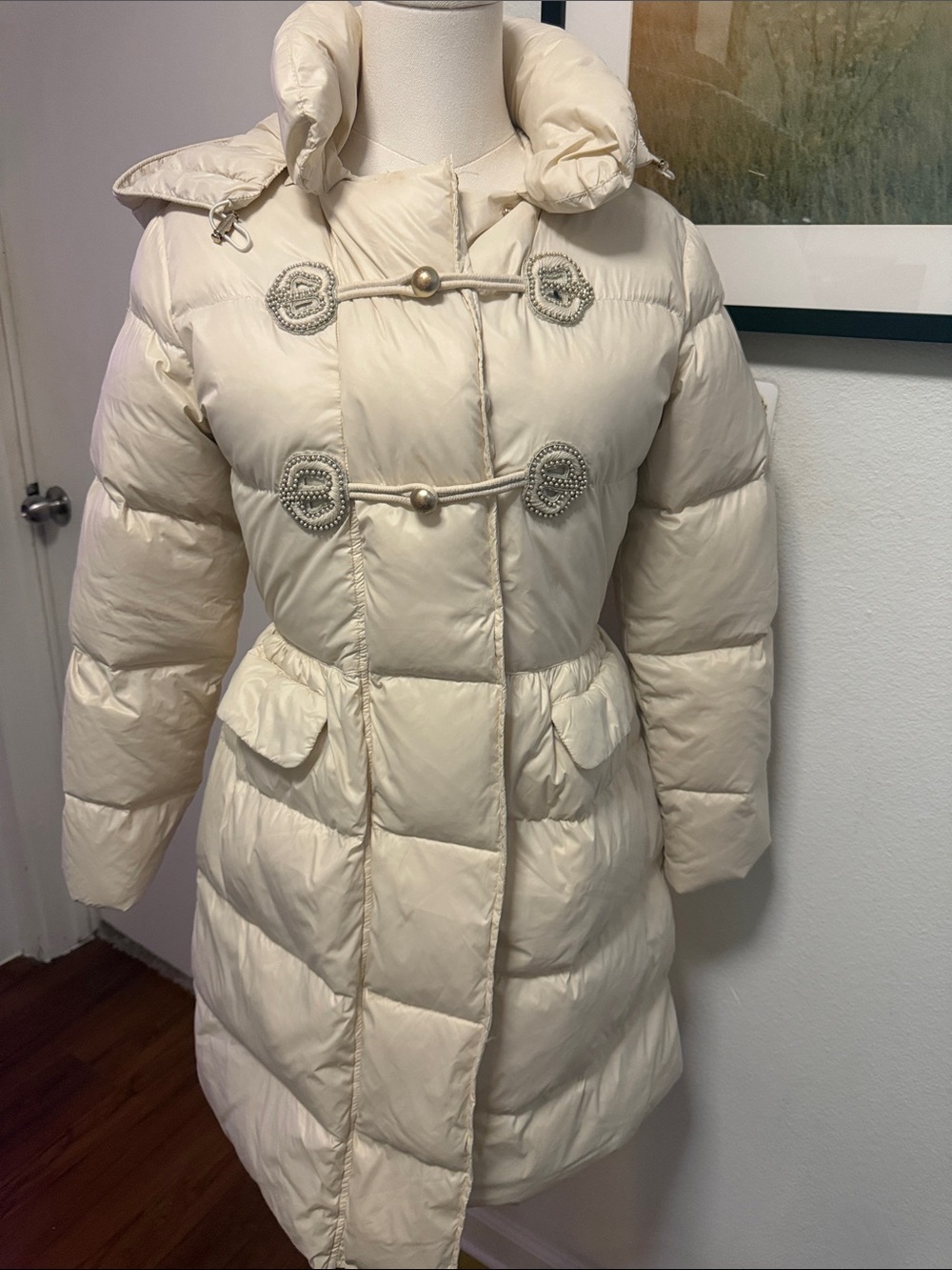 NWT Ermanno Scervino Ivory Embellished Long Puffer Coat Junior 14 / Women XS
